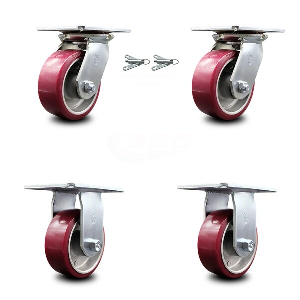 5 Inch Poly on Aluminum Caster Set with Ball Bearing 2 Swivel Lock and 2 Rigid